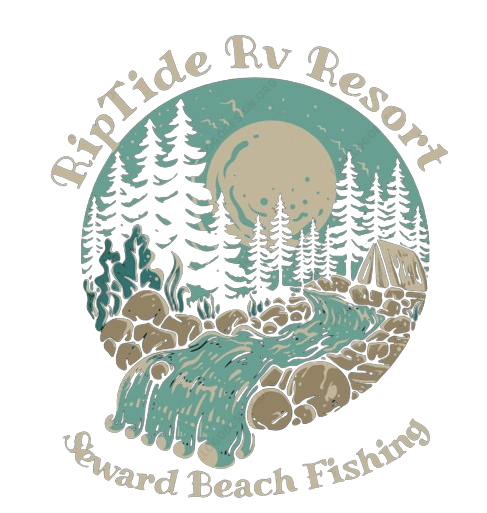 Logo for RipTide RV Resort featuring a moonlit forest, a river, rocks, and a tent, with the text "Seward Beach Fishing.